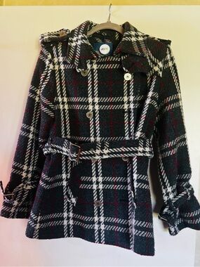 Burberry Plaid Belted Peacoat Jacket - Charcoal/White with Red Accents